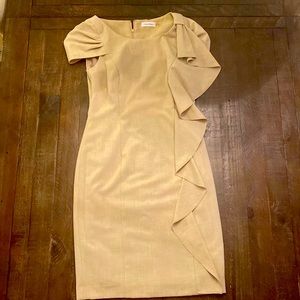 Calvin Klein classic business cocktail party tan dress with cap sleeve, ruffles
